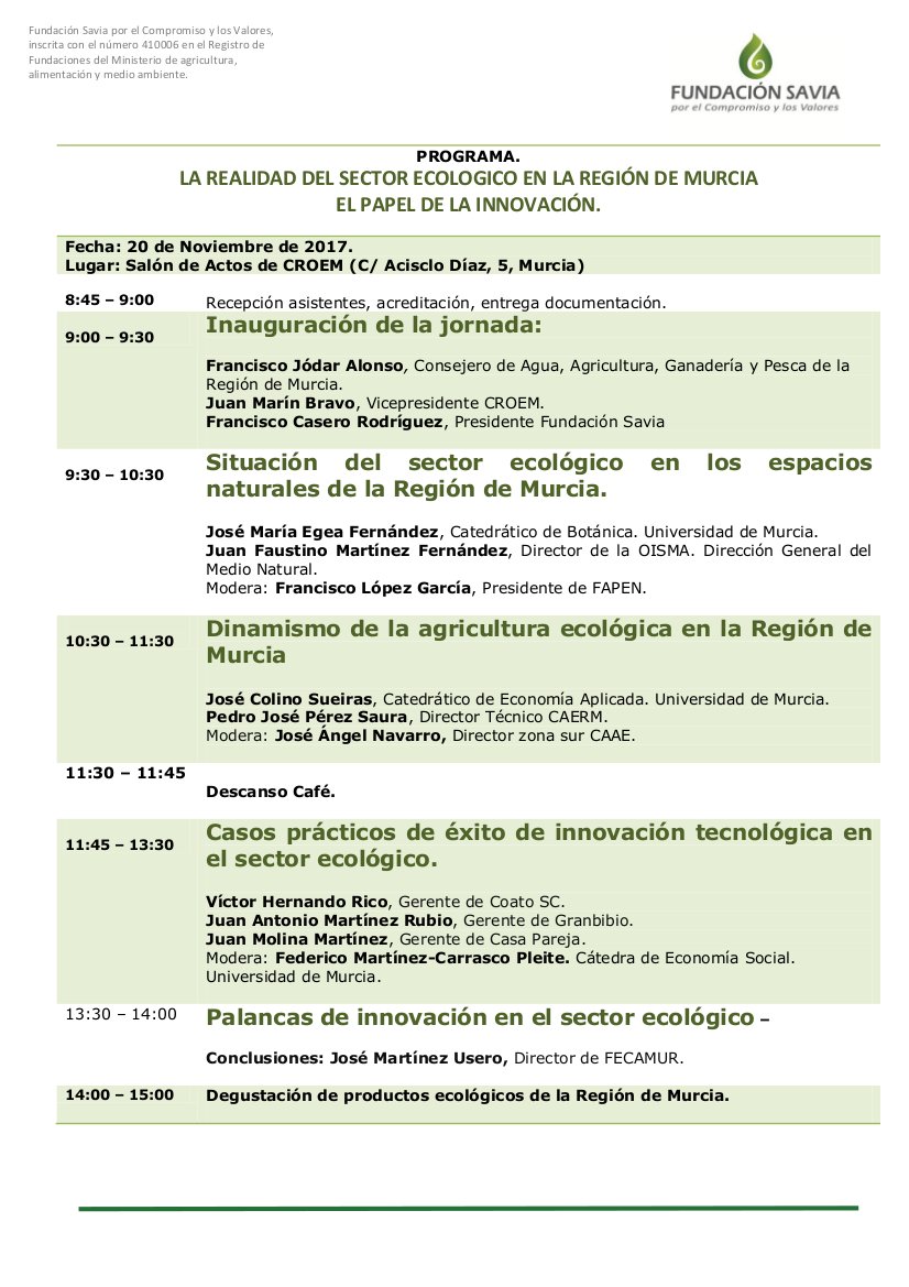 Jornadas de Agricultura Ecológica en la Región de Murcia - Fundación Savia en Salones de CROEM